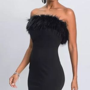 Black faux fur trim cocktail dress